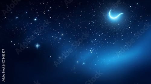 A crescent moon and stars in a deep blue night sky