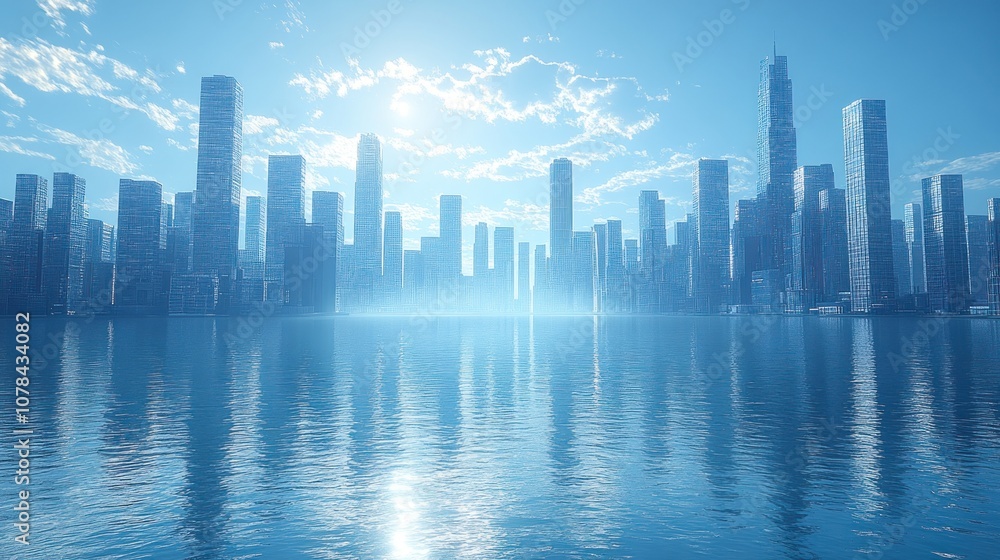 A serene cityscape reflecting in calm waters under a bright sky. A serene cityscape reflecting in calm waters under a bright sky.