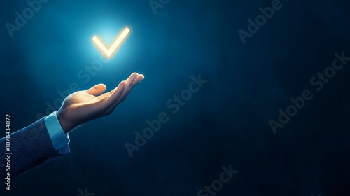 A businessman hand reaching out, holding a glowing virtual checkmark icon in the air, against a sleek blue background