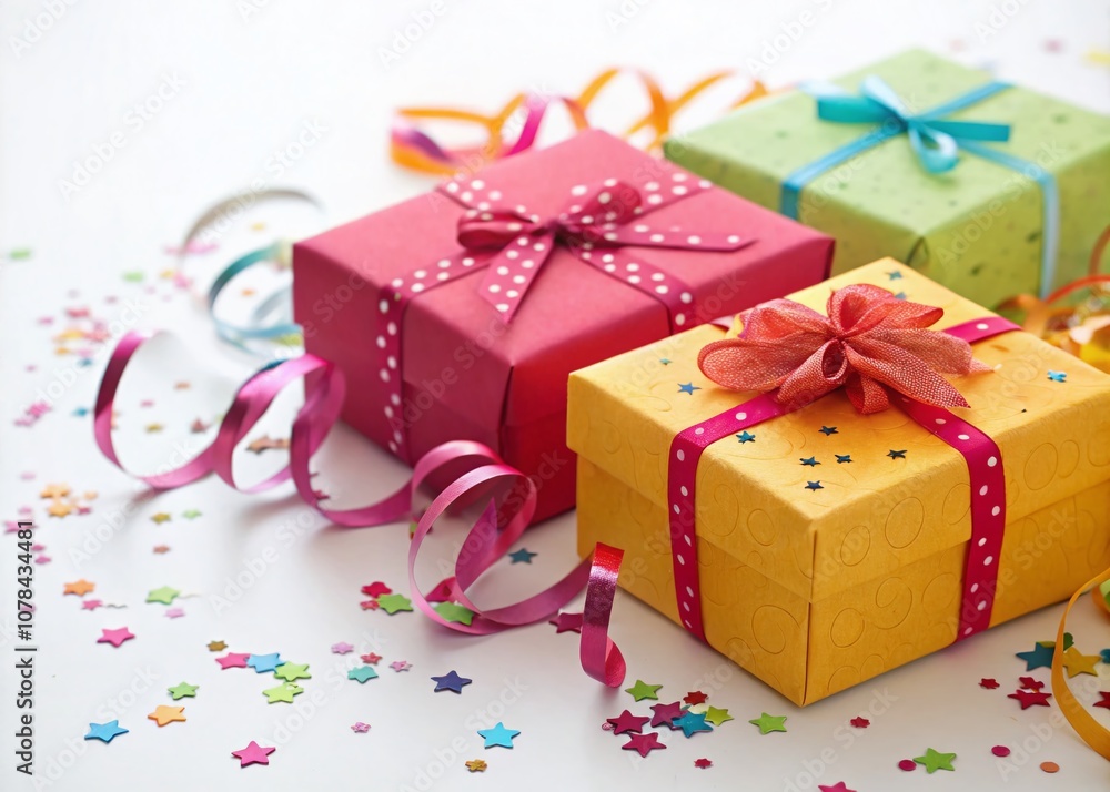 Bright and Colorful Gift Boxes with Serpentine and Confetti Isolated on White Background for New Year, Christmas, Birthday, and Valentine's Day Celebrations Bright and Colorful Gift Boxes with Serpentine and Confetti Isolated on White Background for New Year, Christmas, Birthday, and Valentine's Day Celebrations