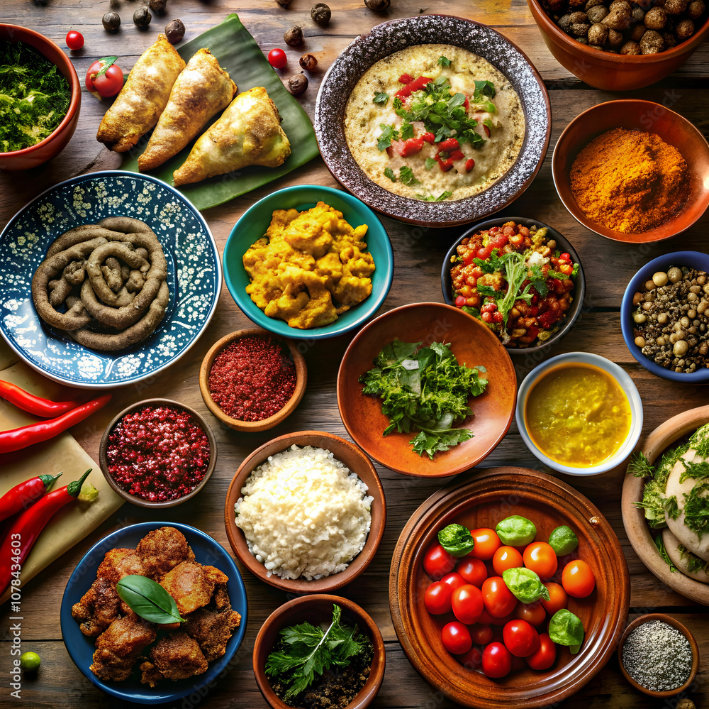 A beautifully arranged table showcases a variety of traditional dishes from different cultures A beautifully arranged table showcases a variety of traditional dishes from different cultures