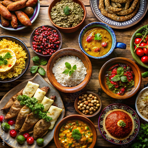 A beautifully arranged table showcases a variety of traditional dishes from different cultures