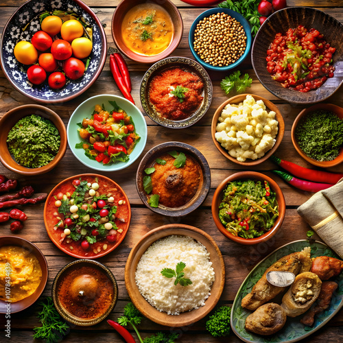 A beautifully arranged table showcases a variety of traditional dishes from different cultures