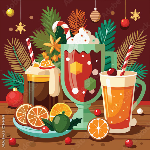 festive drinks and christmas decor on a wooden vector