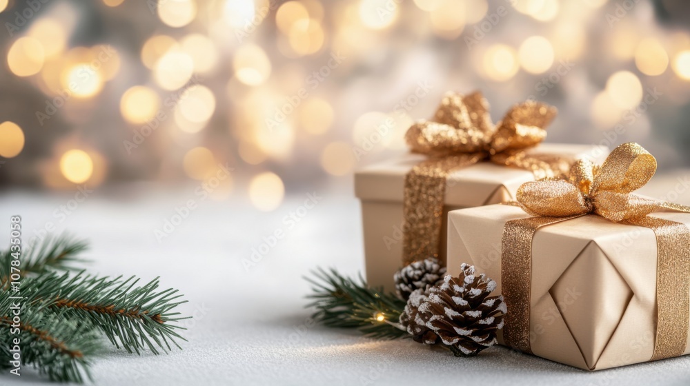Two elegantly wrapped gifts with bows sit on a table, surrounded by twinkling lights and a cozy festive atmosphere, perfect for the holiday season. Two elegantly wrapped gifts with bows sit on a table, surrounded by twinkling lights and a cozy festive atmosphere, perfect for the holiday season.