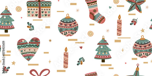 Christmas set Festive decor of Christmas and New Year stickers. Christmas tree decorations, balls, gift stocking, gift box, candle, heart, snowflakes, stars, decorations, natural colors.