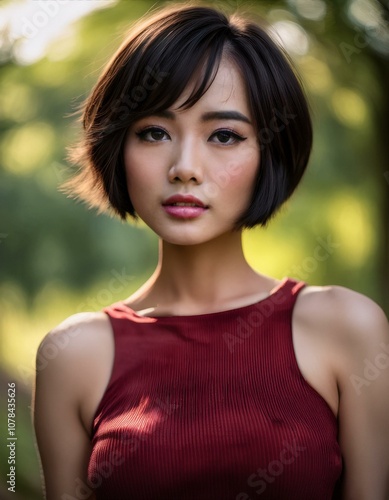 portrait of a brunette woman with short hair wearing a dark red top in the park in summer, fashion photography