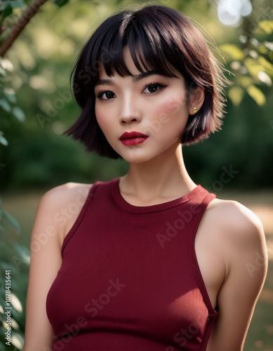 portrait of a brunette woman with short hair wearing a dark red top in the park in summer, fashion photography