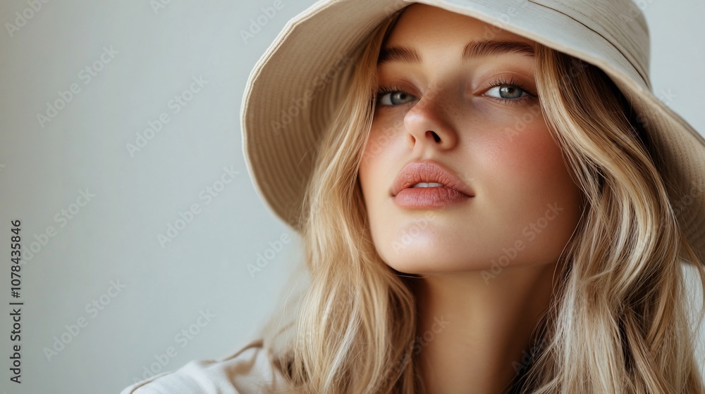 Close up portrait of a young woman with blonde hair and blue eyes wearing a white bucket hat. Close up portrait of a young woman with blonde hair and blue eyes wearing a white bucket hat.