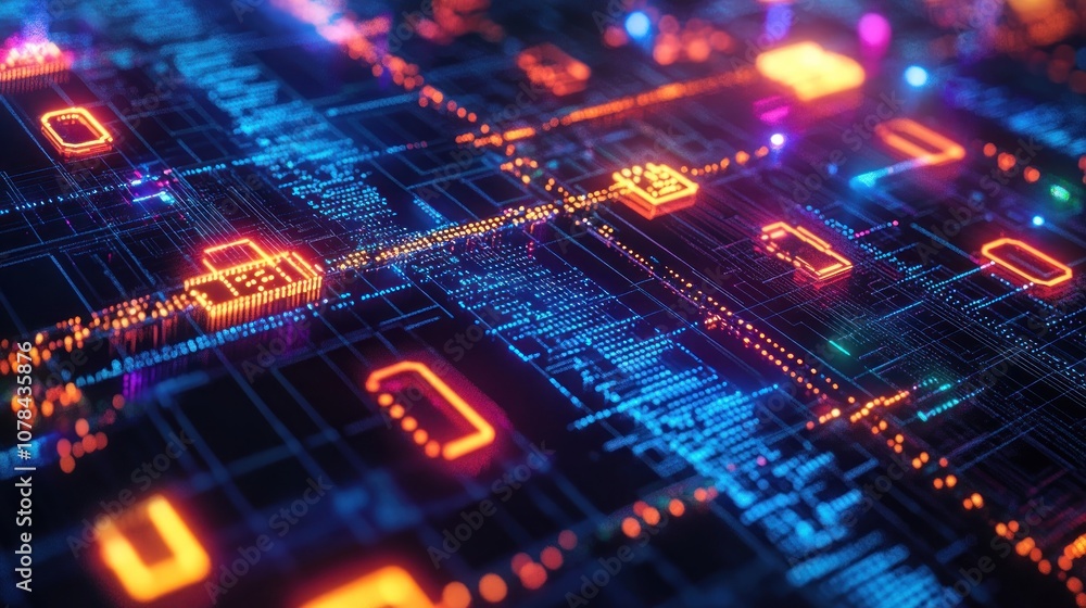 Obraz premium Abstract futuristic digital circuit board with glowing lights and binary code.