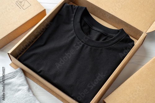 Candid Photography of a Black T-shirt Elegantly Packaged in Quality Cardboard, Highlighting Texture and Design for Fashion and E-commerce Use photo