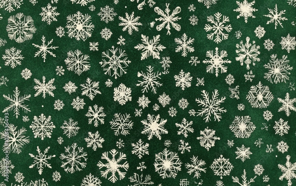 Green Snowflake Pattern Background Rich green backdrop covered in detailed white snowflakes of various sizes, evenly spaced and festive Green Snowflake Pattern Background Rich green backdrop covered in detailed white snowflakes of various sizes, evenly spaced and festive