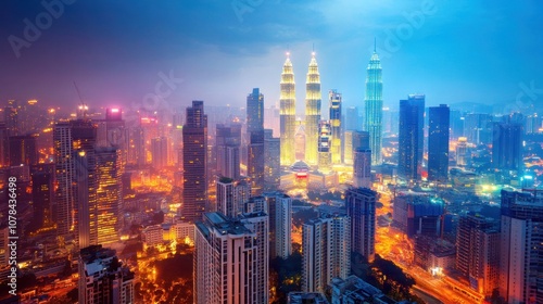 Illustration High angle view of skyscrapers in financial and business district at night with modern lights. Ai generated image