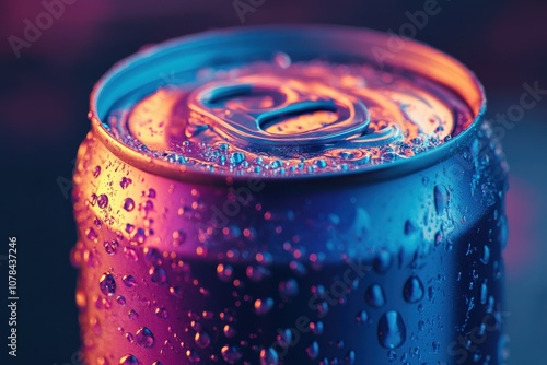 Functional closeup of a damp energy drink can