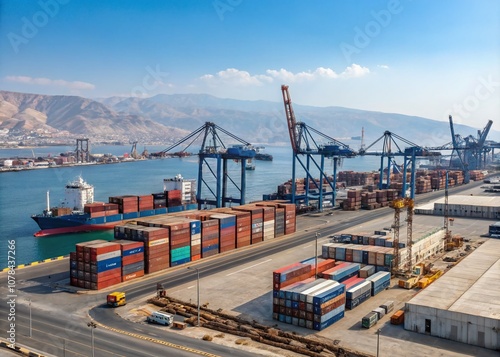 Candid View of a Busy Container Port in the Hashemite Kingdom of Jordan, Showcasing Industrial Activity, Shipping Operations, and Vibrant Maritime Life Under a Clear Sky photo