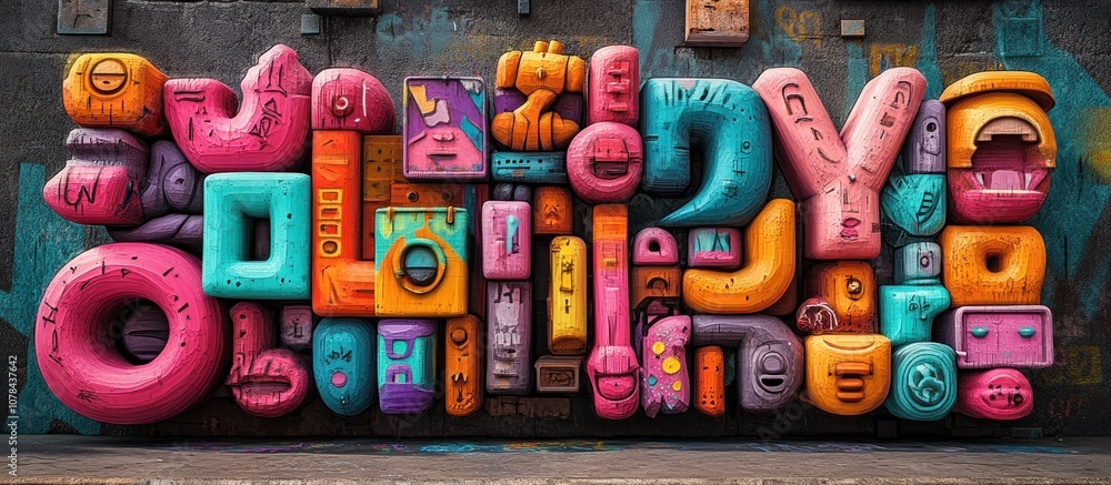 Colorful 3D Shapes Graffiti Art on a Brick Wall. Colorful 3D Shapes Graffiti Art on a Brick Wall.