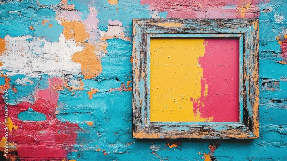 Naklejka premium A rustic wooden frame hangs against a vibrant, colorful, and weathered brick wall.