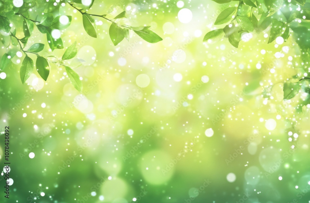 Green background with bokeh and blurred leaves and sparkling snowflakes, spring background, green nature background, spring leaf frame background, green abstract background with copy space. Green background with bokeh and blurred leaves and sparkling snowflakes, spring background, green nature background, spring leaf frame background, green abstract background with copy space.