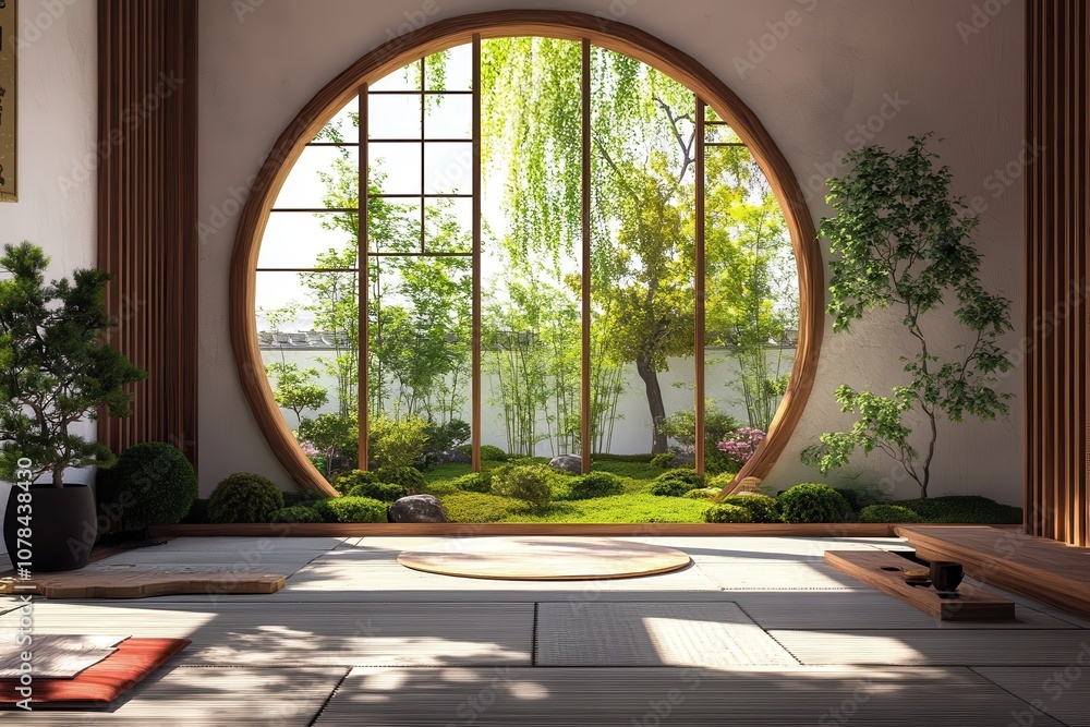 Garden circular window in a Japanese tea room Garden circular window in a Japanese tea room