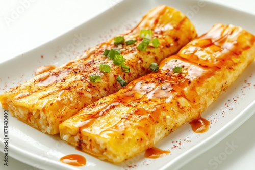 Garaetteok rice cake on a plate against a white backdrop South Korea