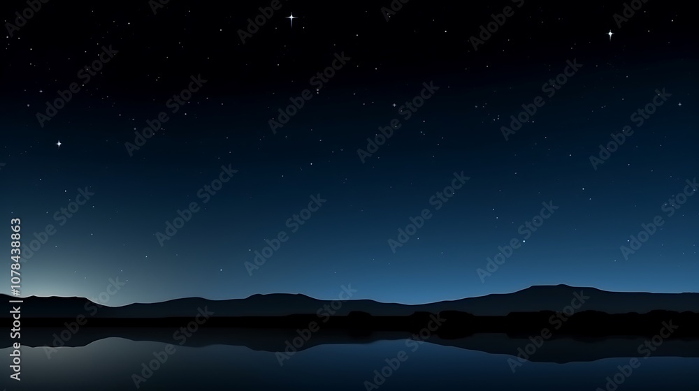 A Silhouetted Mountain Range Reflected in a Still Lake Under a Starry Night Sky A Silhouetted Mountain Range Reflected in a Still Lake Under a Starry Night Sky