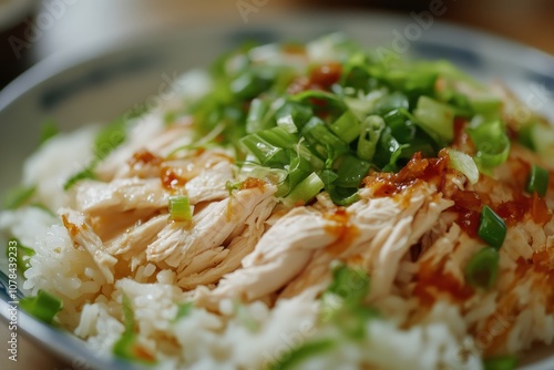 Ginger chicken with rice fried dough and scallions photo