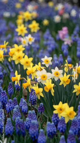 Colorful field of yellow daffodils and blue hyacinths creates springtime visual harmony Vertical Mobile Wallpaper
