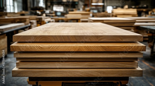 A stack of wooden planks in a workshop, ready for crafting.