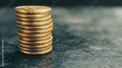 A stack of golden coins representing wealth and investment on a textured surface. photo