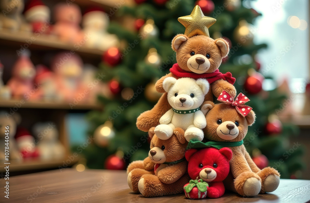 Fototapeta premium Cozy christmas bears pyramid in festive toy store setting