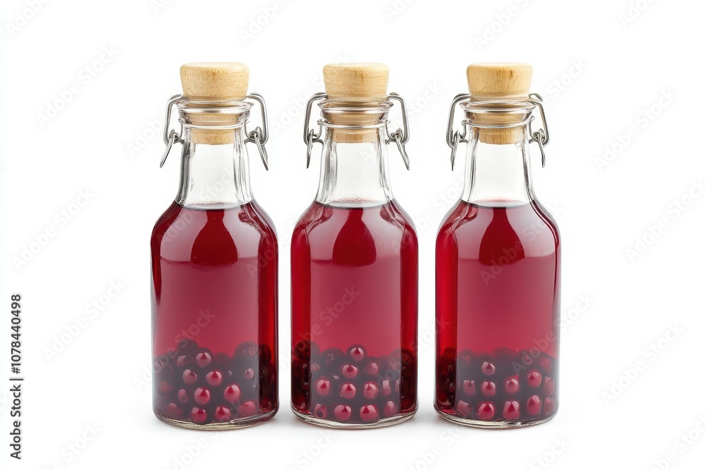 Glass bottles of Schisandra berry juice on white background Glass bottles of Schisandra berry juice on white background