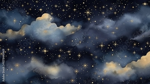 Christmas night sky with glowing stars and fluffy clouds. Generative Ai