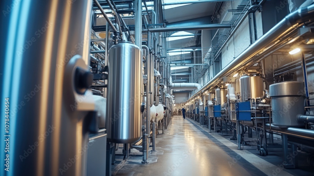 Fototapeta premium Industrial Interior, Steel Pipes and Tanks