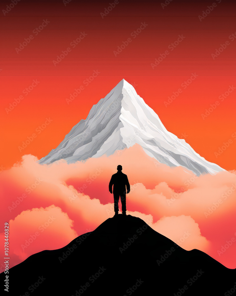 Businessman climbing mountain, reaching peak, vision of success and achievement Businessman climbing mountain, reaching peak, vision of success and achievement