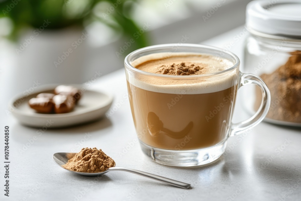 Glass of collagen latte on a white kitchen table with a jar and spoon of powder Natural beauty supplement for skin bones joints and gut health anti aging idea Glass of collagen latte on a white kitchen table with a jar and spoon of powder Natural beauty supplement for skin bones joints and gut health anti aging idea