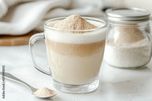 Glass of collagen latte on a white kitchen table featuring collagen powder in a jar with a spoon A natural supplement promoting beauty and health for skin bones