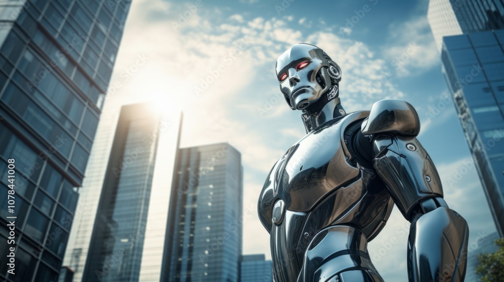 A silver robot cyborg standing tall against a modern cityscape with copyspace for your text.
A silver robot cyborg standing tall against a modern cityscape with copyspace for your text.