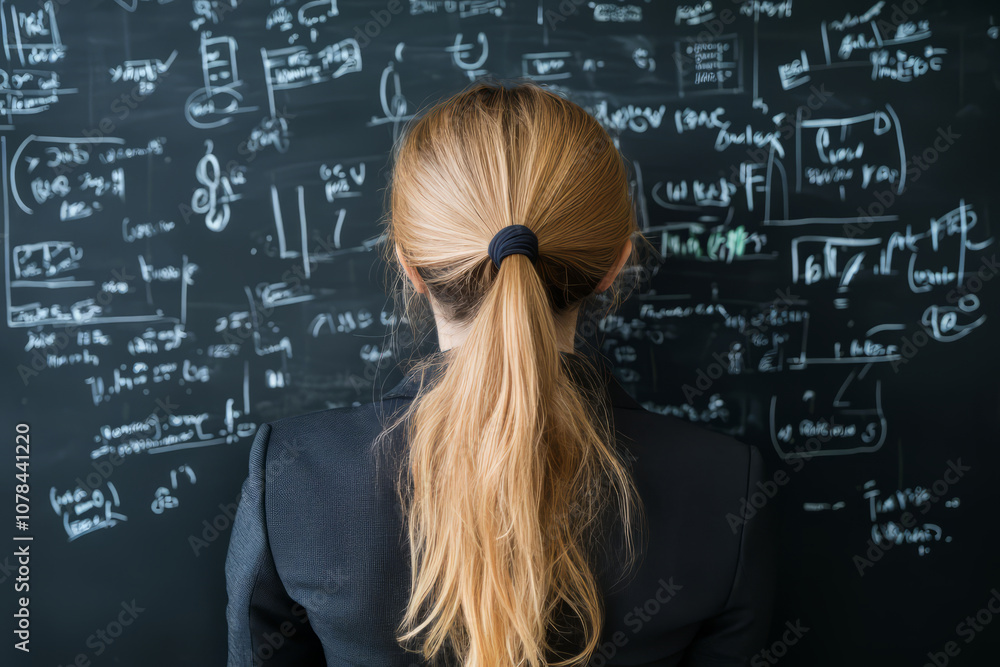 Businesswoman analyzing complex data on blackboard, deep in thought Businesswoman analyzing complex data on blackboard, deep in thought