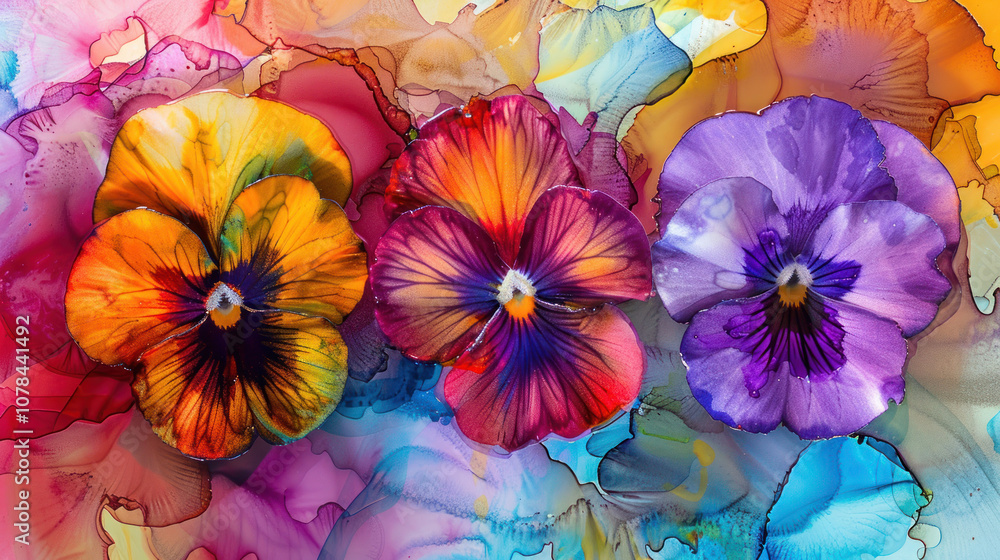 custom made wallpaper toronto digitalVibrant Pansies on Colorful Alcohol Ink Background as Wallpaper Illustration – Artistic Floral Illustration