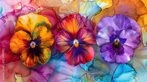 Wallpaper Mural Vibrant Pansies on Colorful Alcohol Ink Background as Wallpaper Illustration – Artistic Floral Illustration Torontodigital.ca