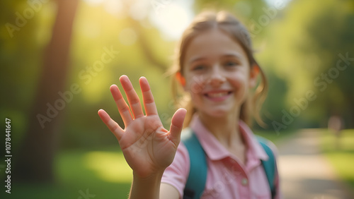 Close up of a smiling girl with outstretched hand in the park on a sunny day.