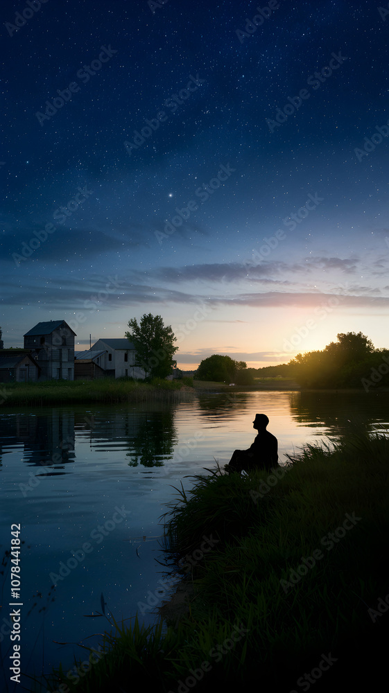 Tranquil nighttime scene with silhouetted figure gazing at starry horizon Vertical Mobile Wallpaper Tranquil nighttime scene with silhouetted figure gazing at starry horizon Vertical Mobile Wallpaper
