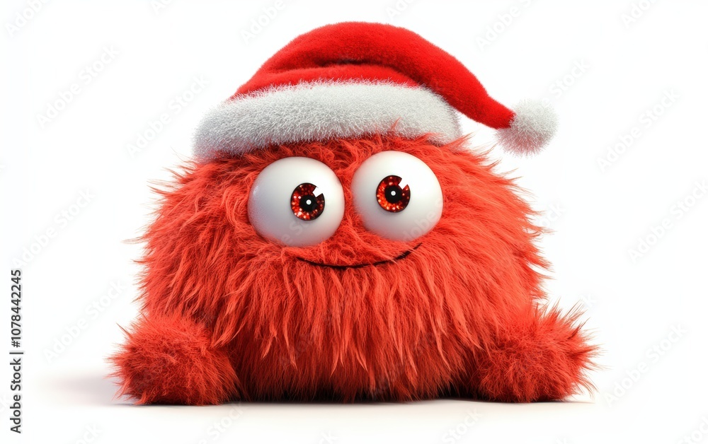 Festive Fluffy Monster with Christmas Hat: A lovable, round holiday monster with plush red fur, sparkling eyes, a jolly expression, and a Santa hat thats a bit too big, slipping over one eye Festive Fluffy Monster with Christmas Hat: A lovable, round holiday monster with plush red fur, sparkling eyes, a jolly expression, and a Santa hat thats a bit too big, slipping over one eye