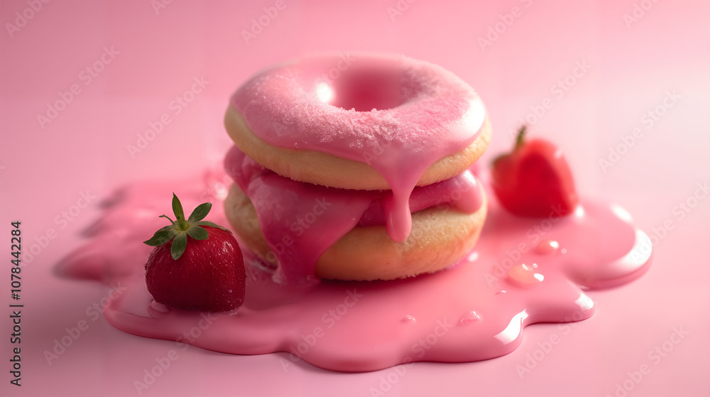 An Enchanting Floating Pink Snack Cake with Vibrant Strawberry Jelly, Capturing the Spirit of Retro Eighties Product Advertising An Enchanting Floating Pink Snack Cake with Vibrant Strawberry Jelly, Capturing the Spirit of Retro Eighties Product Advertising