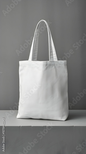 White tote bag with long handles, displayed against a gray background Vertical Mobile Wallpaper photo