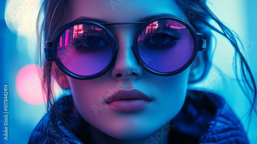 Woman with oversized round sunglasses and blue lighting