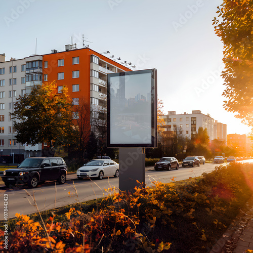 Urban golden hour scene with autumn foliage and illuminated multi story buildings For Social Media Post Size photo