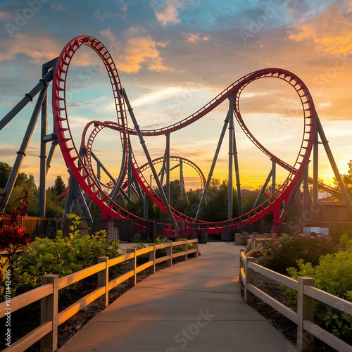 Exhilarating roller coaster twisting in red against a stunning sunset backdrop For Social Media Post Size