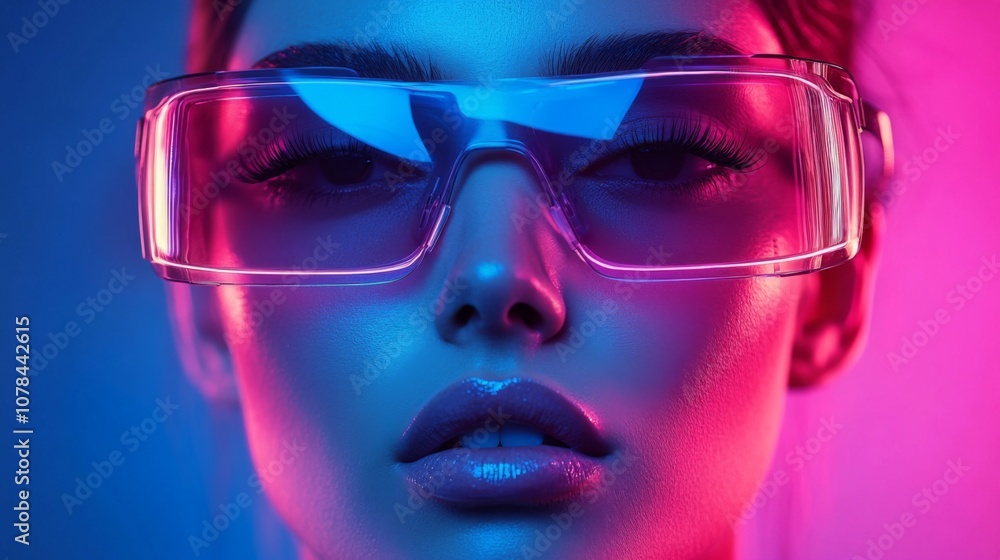 Woman in large reflective sunglasses with blue and pink lights Woman in large reflective sunglasses with blue and pink lights
