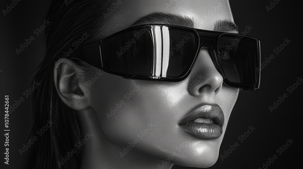 Woman in stylish black sunglasses with intense expression Woman in stylish black sunglasses with intense expression